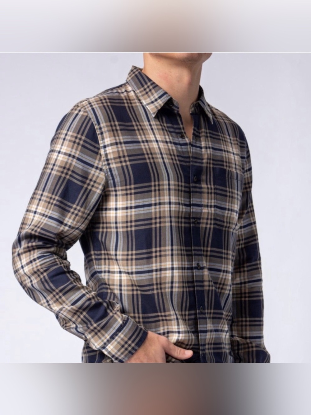 Frame Men’s Slim Fit Long-Sleeve Single Pocket Button Down Blue Plaid Medium